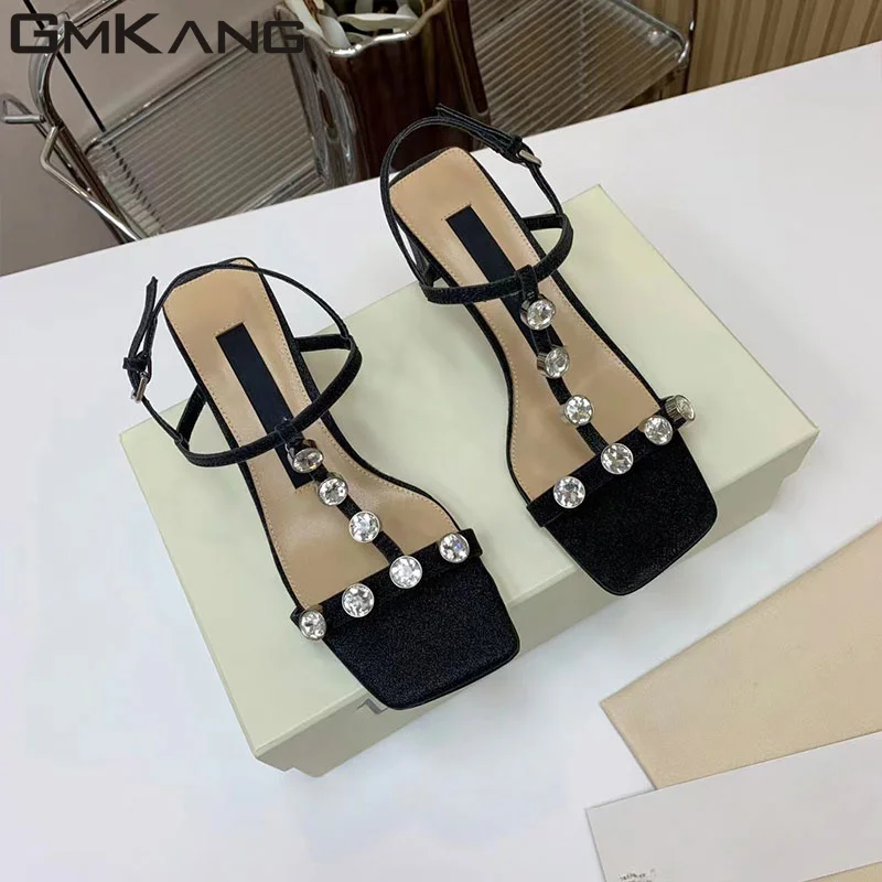 

Rhinestone Sandals Women High Heels Ankle Cross Tied Summer Shoes Women Kid Suede One Strap Strange Style Heels Sandals Woman
