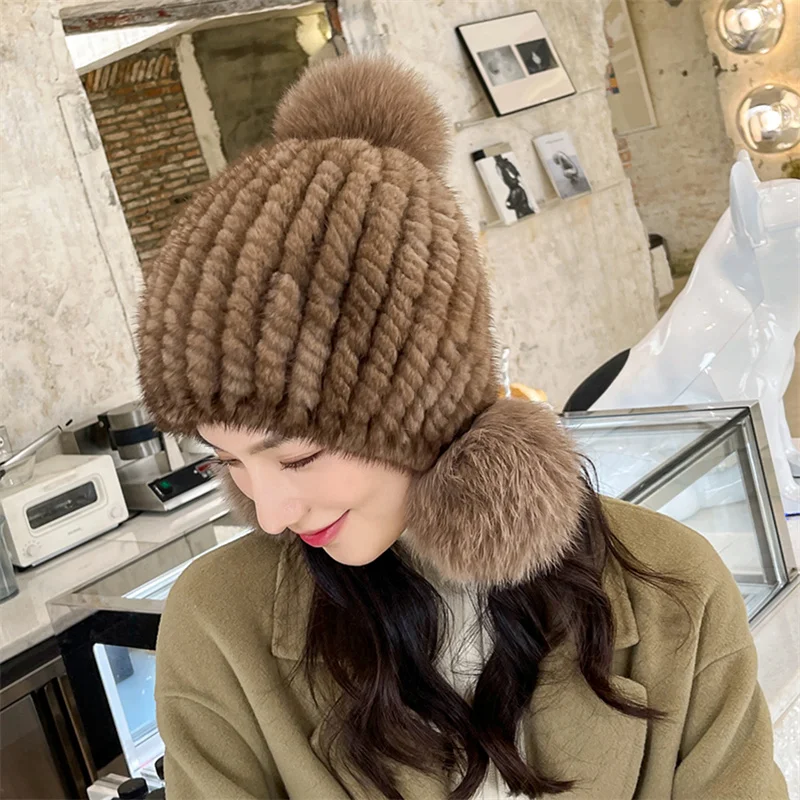 Women's Genuine Mink Fur Hat Brand New Thickened Women's Fur Hat Women's Winter Knit Mink Edamame With Fox Fur Pom Pom Cap Hat