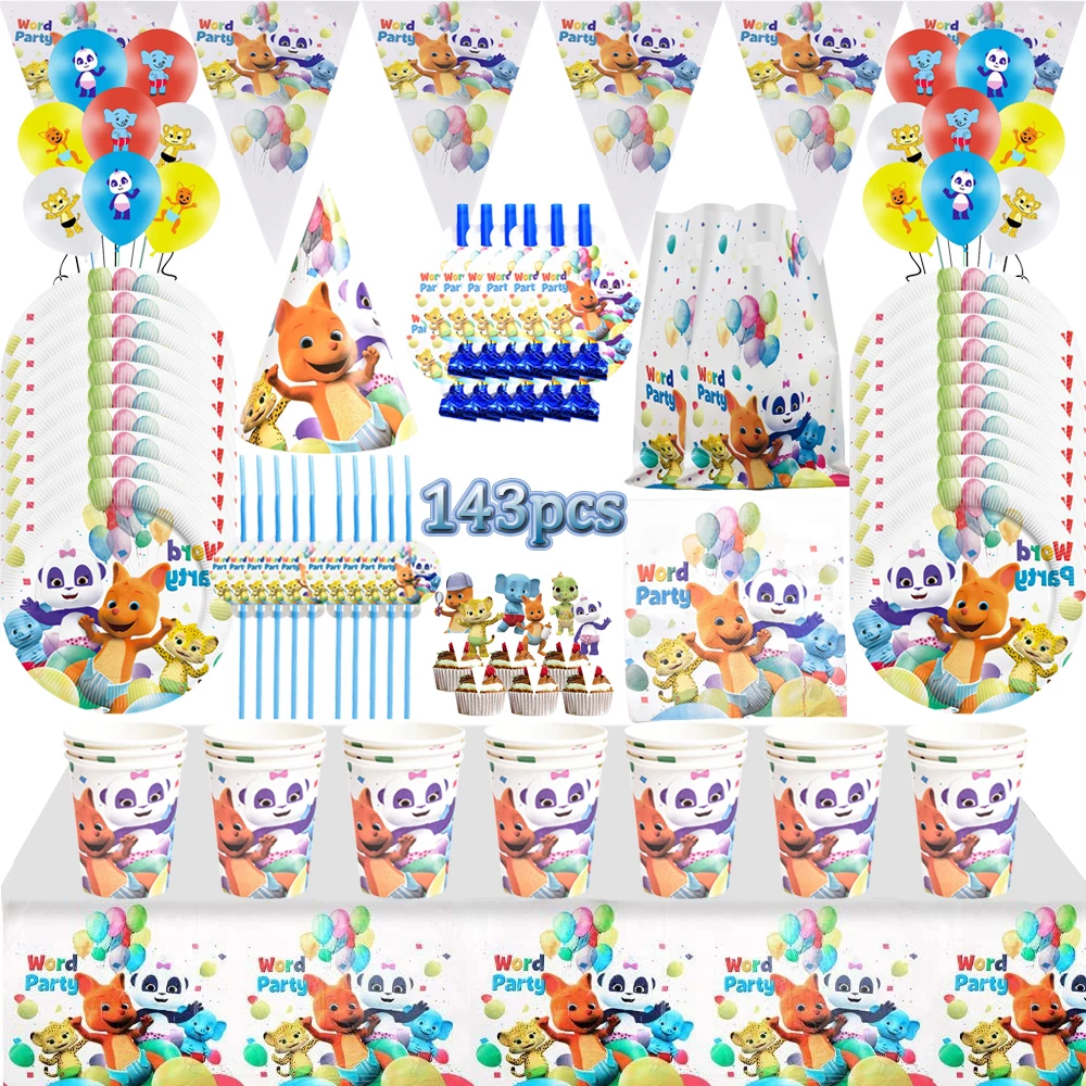 

73/77/99pcs Disposable Tableware Word Party Theme Party Decoration Cup Plate Flag Straw for Wedding Children's Birthday Supplies