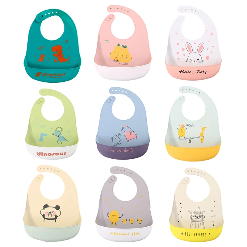 Waterproof Soft Silicone Bibs Cute Cartoon Printed Bibs for Baby Kids Girl Boy Adjustable Baby Bib Children Lunch Feeding Stuff