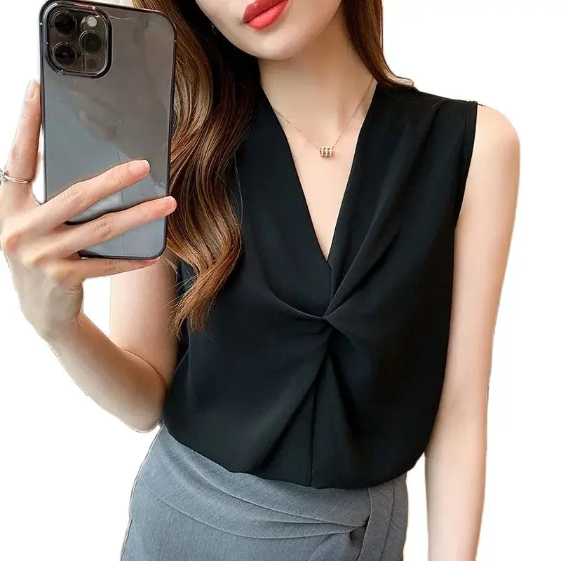 

Sleeveless chiffon shirt women's summer new Korean design V-neck shirt women female casual blouse P3 412