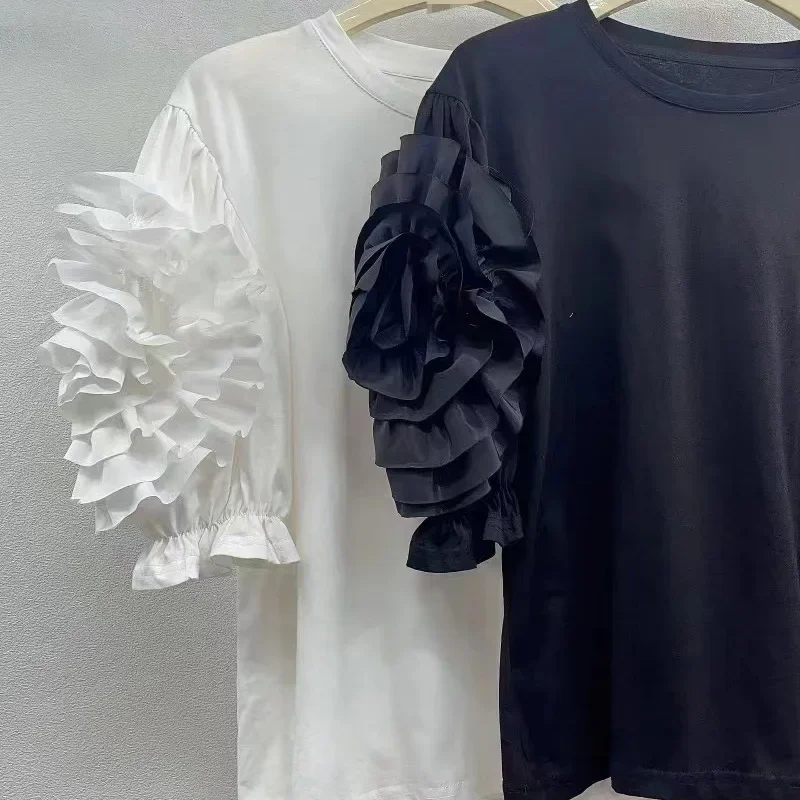 2024 весна-лето круглый вырез короткие рукава 3D цветок полый крой дизайнерский