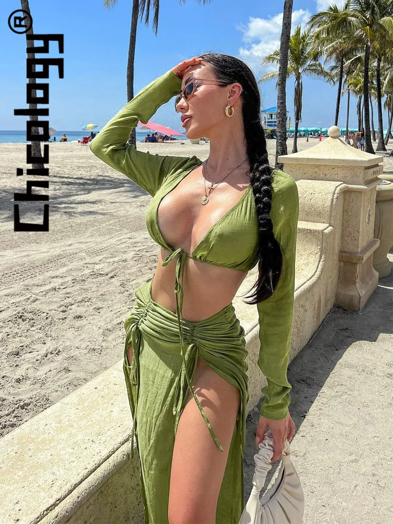 

Chicology 2022 Women Long Sleeve Ruched Crop Top Spilt 2 Piecs Skirt Set Sexy Holiday Beach Summer Outfit For Business Wholesale