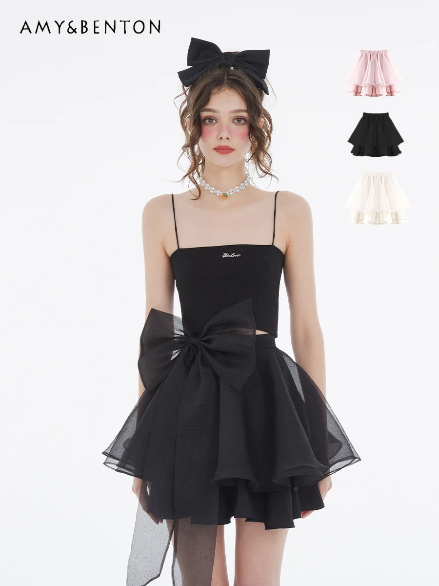 

Sweet Cute Big Bow Lace-up Mini Skirt Summer Women Kawaii Irregular Skirt Solid Color Commute All-Match High Waist A-Line Skirt