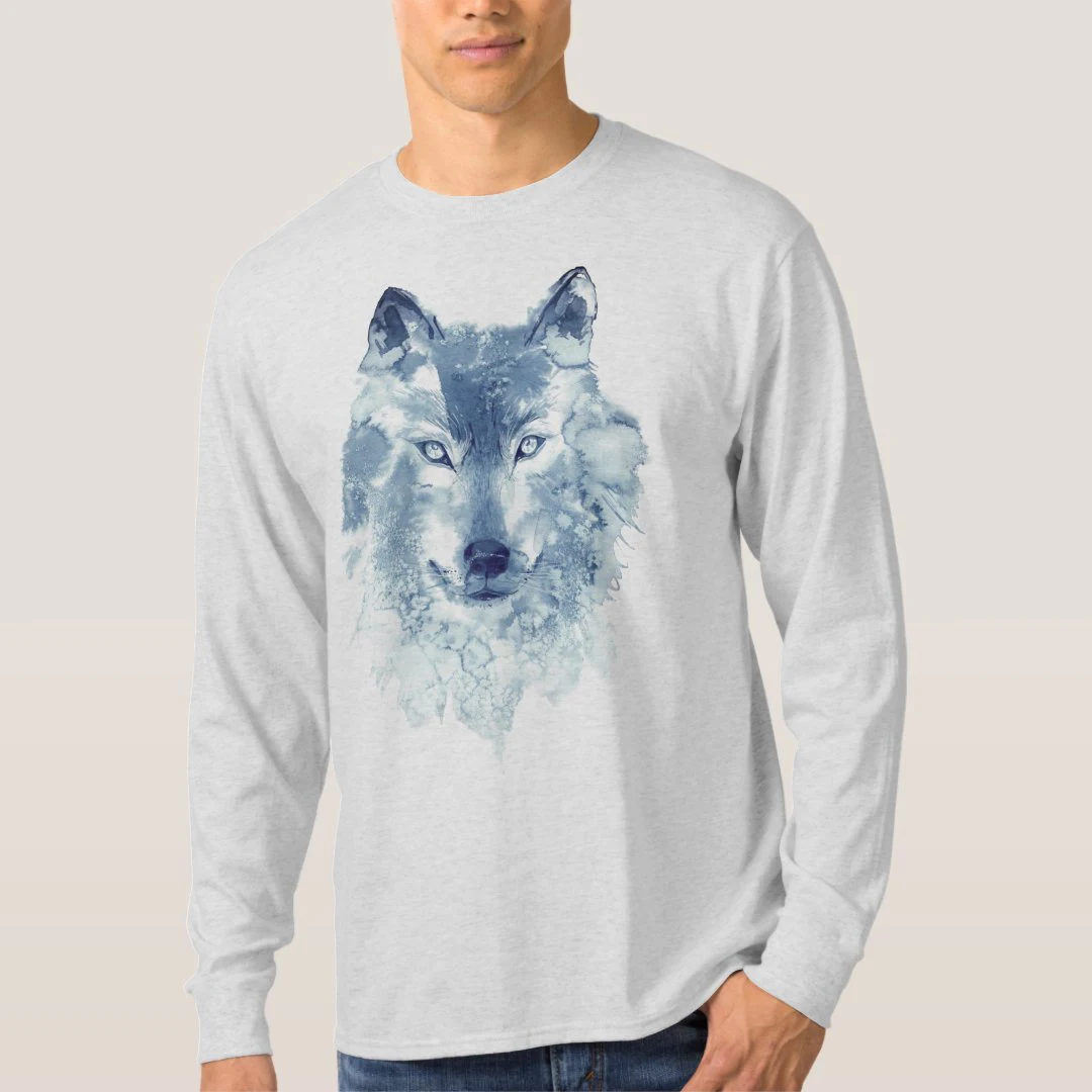 

Men's T-Shirt 3D Artistic Wolf Face Print Casual Long Sleeve Tees Oversized Harajuku Clothing Daily Blouse Male Loose Tops