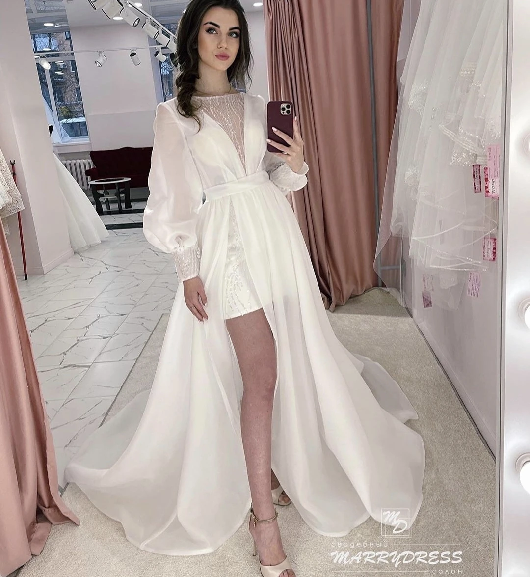 

Свадебное платье с длинным пышным рукавом, кружевное платье из органзы, спереди, короткое, длинное, сзади, длина до пола, свадебное платье на заказ, Meausres 2023