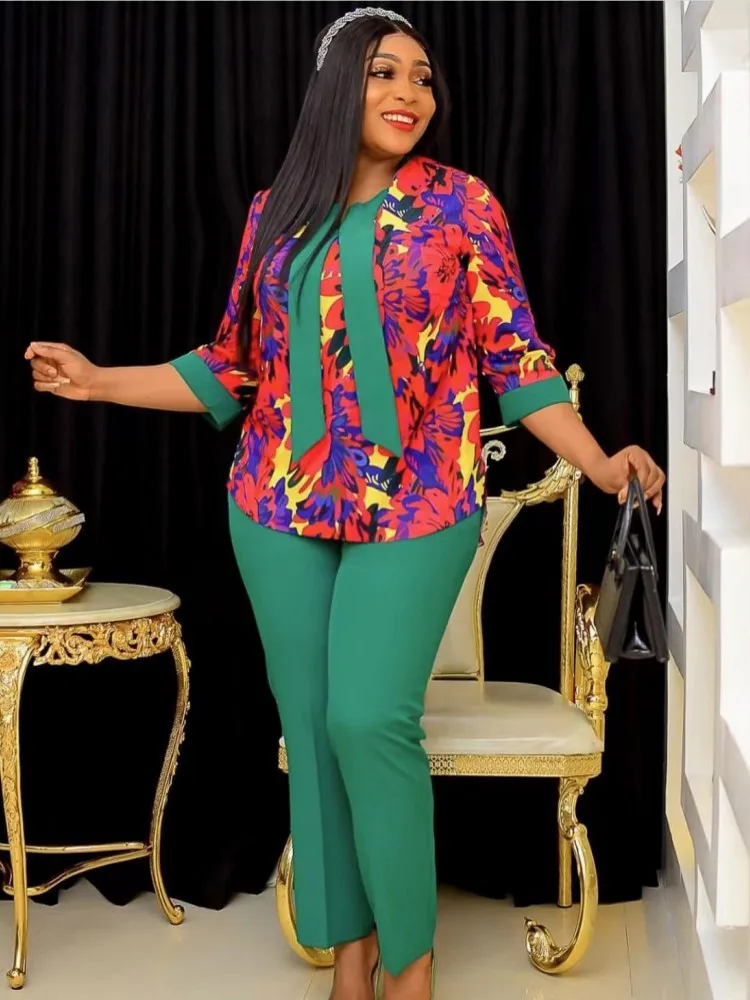 

2 Piece Set Women Clothes Dashiki African Shirt Blouse Tops And Pants Trousers Suits Matching Sets Party Clothing Lady Outfits