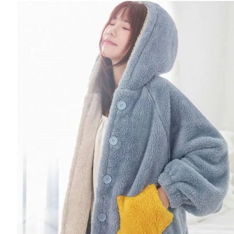 Warm Winter Cartoon Sleepwear Pyjamas Robes with Pants Kawaii Robes Winter Warm Coral BathrobeFleece Nightdress Flannel Bathrobe