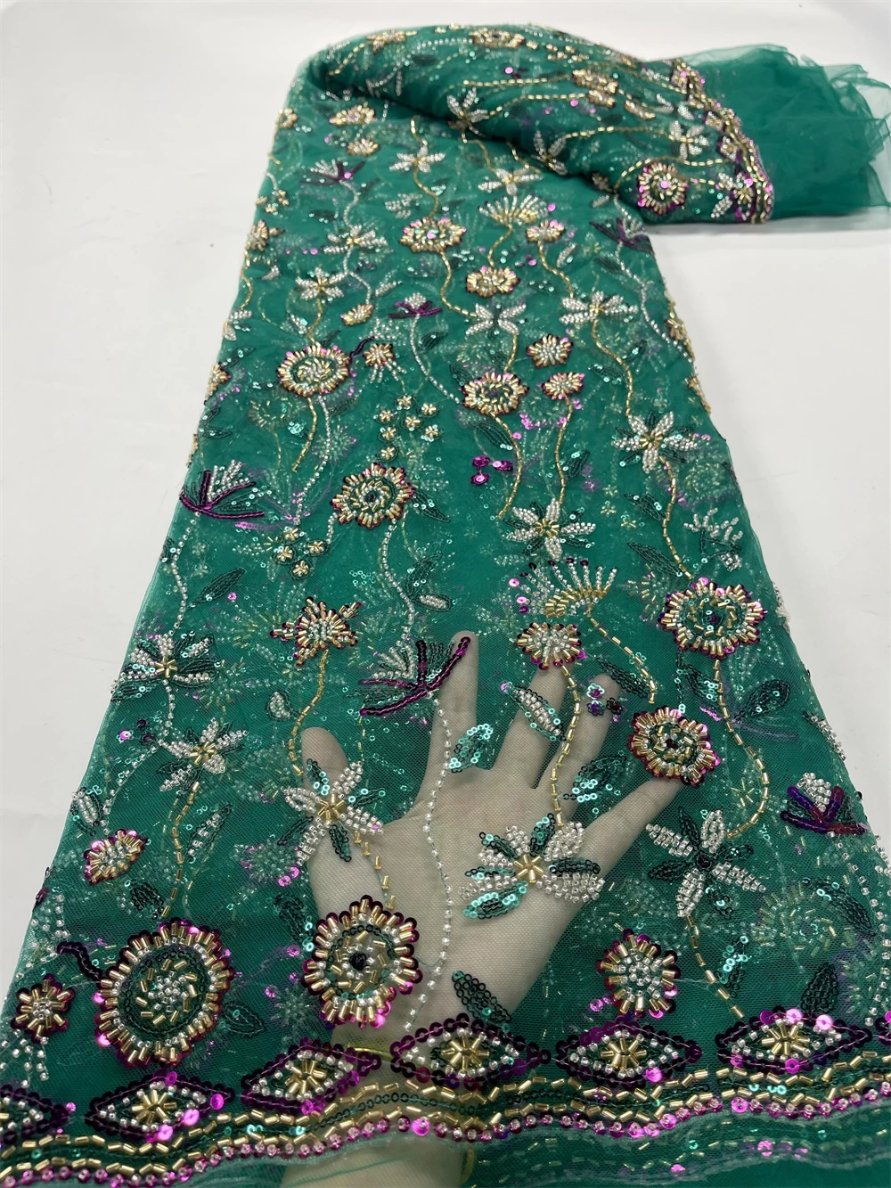 

High Quality 2023 African Nigeria Sequins Tulle Lace Fabric Embroidery Wedding Party Guipure Dress Beads Stone 5Yards jy230