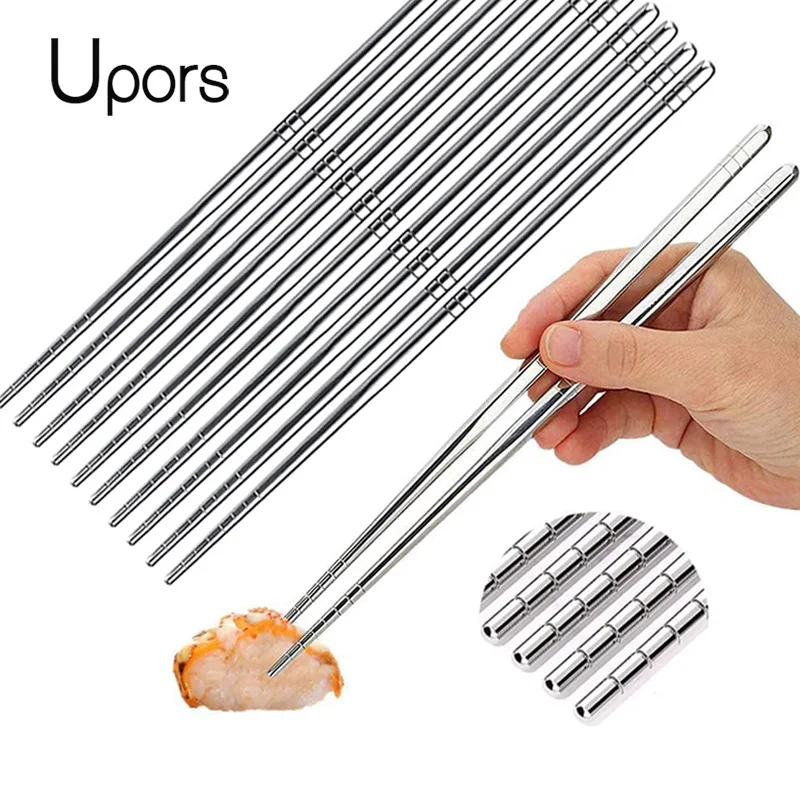 

Reusable Sushi Chopsticks Set 304 Stainless Steel Non-Slip Japanese Food Chinese Korean Metal Chop Sticks Dishwasher Safe