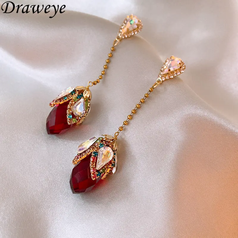 

Draweye Baroque Crystal Flower Earrings for Women Red Beads Shiny Vintage Jewelry Korean Fashion Office Lady Dangle Earrings