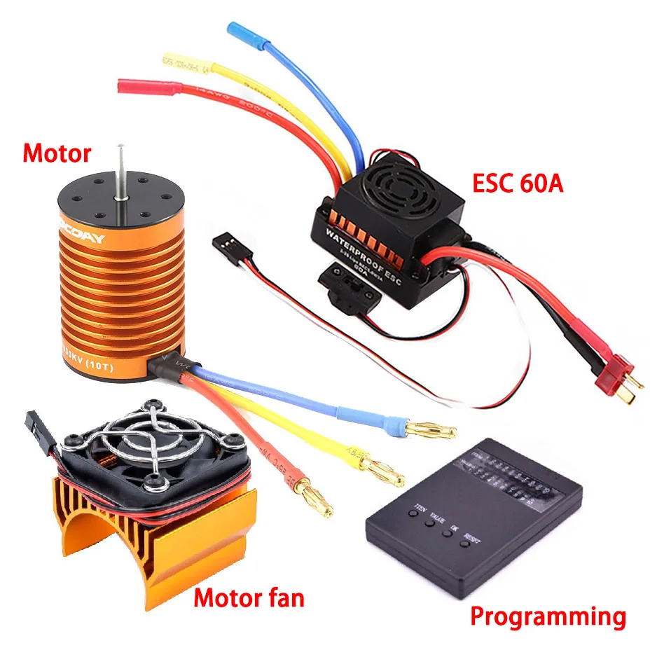 Hot sale 9T,10T 4370KV, 3930KV 3650 3900KV 4300KV 5200KV Brushless Motor 60A ESC Programmer Card Set for 1:10 1/10 RC Car Truck