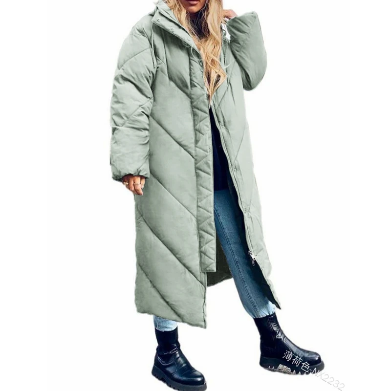 Winter Parkas Coat Women's Solid Color Loose Cardigan Large Coat Women Casual Long Sleeve Zipper Hooded Stand Collar Parkas Coat