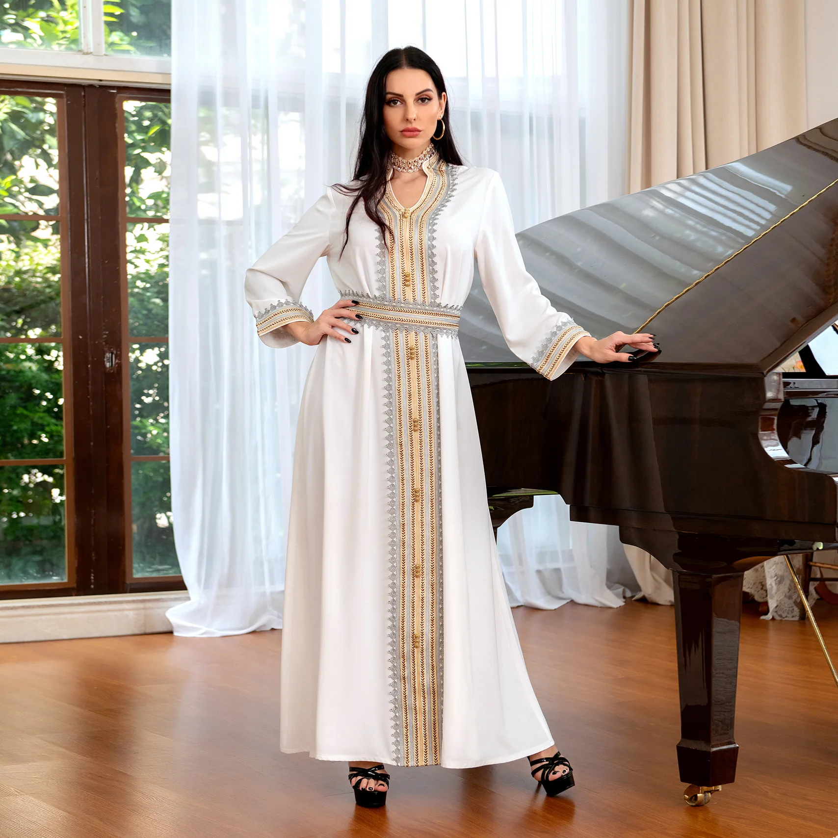White Dress Women Muslim Eid Belt Abaya Party Evening Gown Inner Dress Saudi Arab Gold Lace Embroidery Jalabiya Moroccan Kaftan