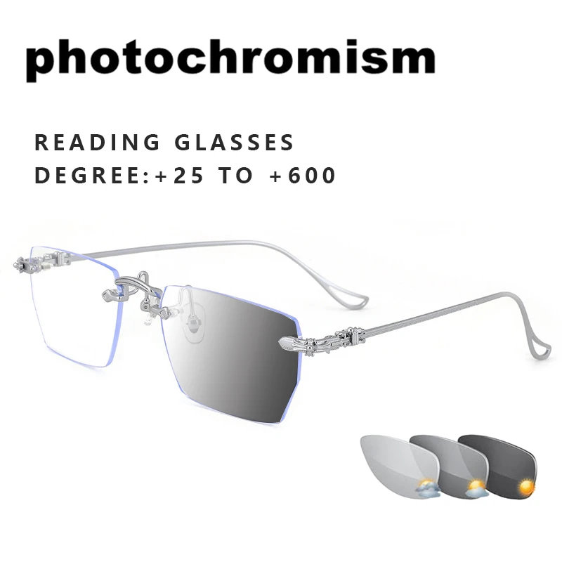 

Ультралегкие очки для чтения без оправы из сплава, квадратные фотохромные пресбиопические очки в стиле ретро для мужчин и женщин, очки с алм...