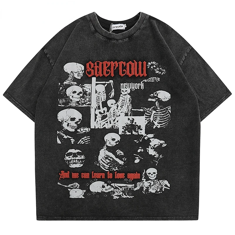 

Summer Men Washed Short Sleeve Tshirts Hip Hop Funny Skeleton Graphic Print T Shirts Streetwear Harajuku Vintage Cotton Top Tees