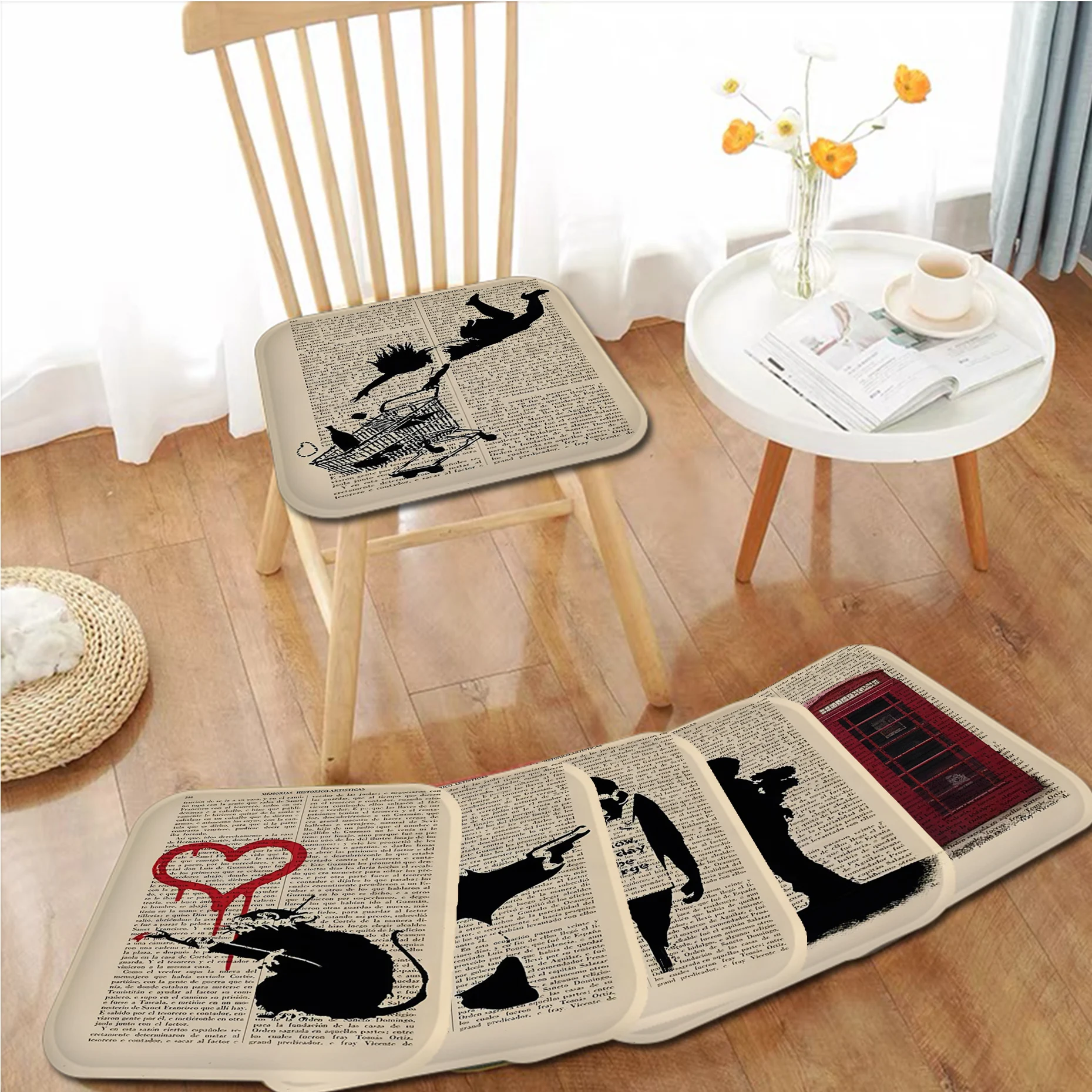

Retro Art Newspaper Print European Fabric Cushion Non-slip Living Room Sofa Decor Students Stool Tatami Office Stool Seat Mat