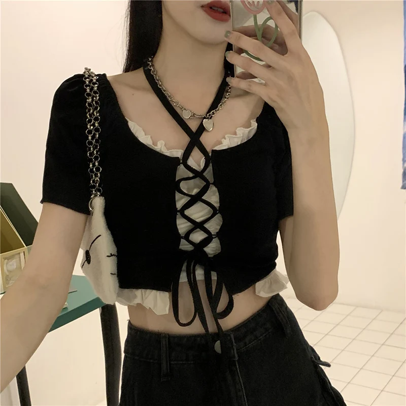 

Design Sense Bandage Hanging Neck Short Sleeved T-shirt Women's Summer Hot Wind Short Girl One-Shoulder Chic Top Tshirt Female