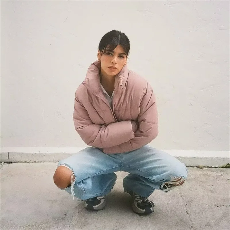 2022 Autumn Women's Parkas Faux Leather Stand-up Collar Women's Padded Jacket