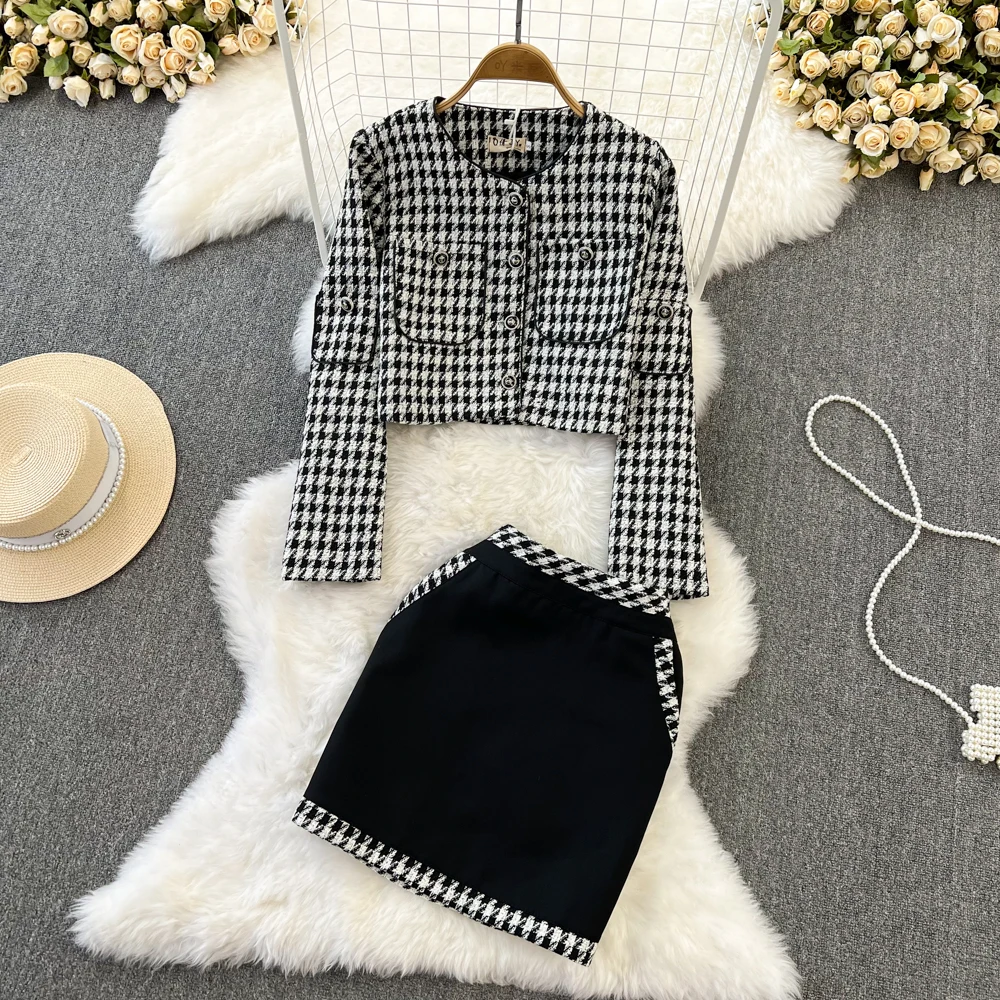 

Женский комплект из двух предметов, элегантный однобортный жакет в клетку с длинным рукавом и юбка в стиле пэчворк с поясом на резинке