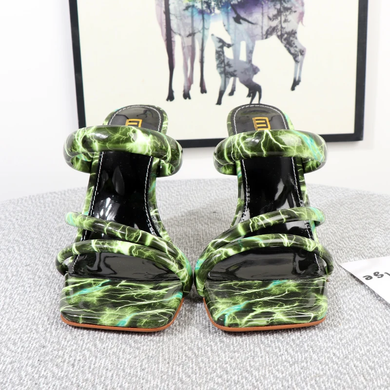 Female slippers factory outlet foreign trade square toe glass sandals patent leather crack new sexy outdoor high-heeled slippers