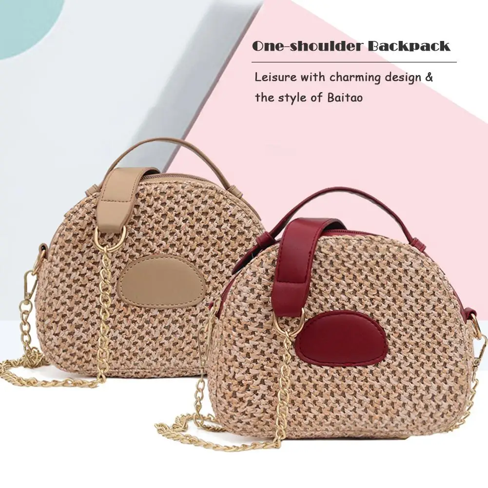 

Summer Small Shoulder Bags Women Beach Straw Woven Double-Layers Zipper Bags Ladies Chain Crossbody Handbags for Travel