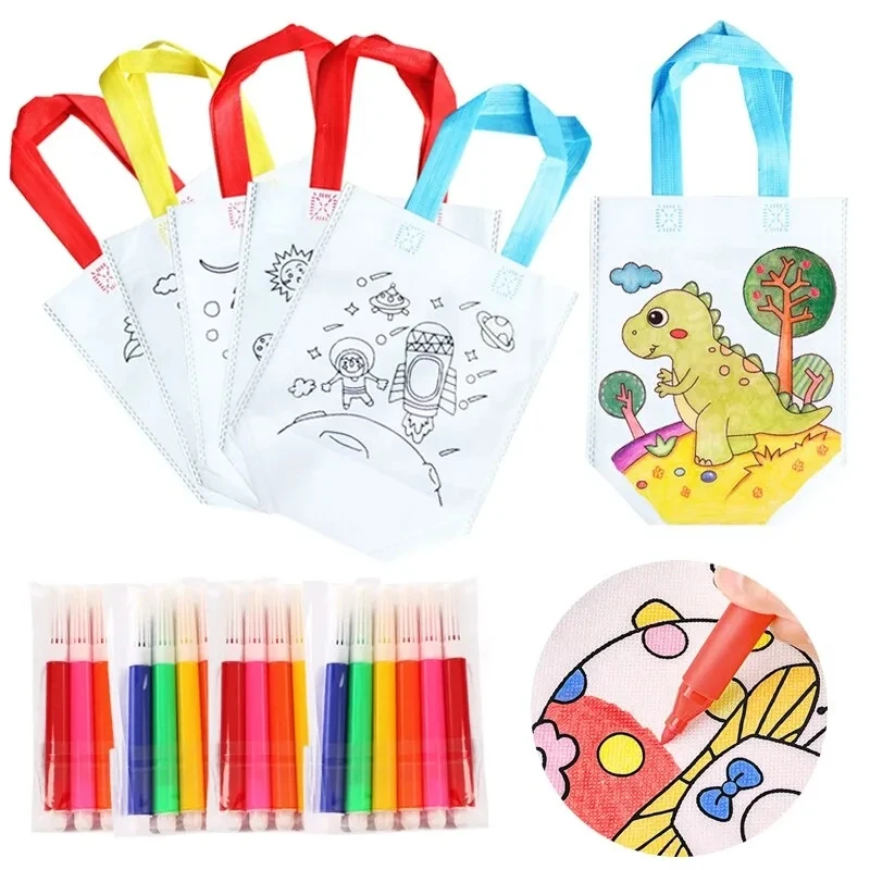 

DIY Graffiti Bag with Coloring Markers Handmade Painting Non Woven Bags for Children Arts Crafts Color Filling Drawing Toy