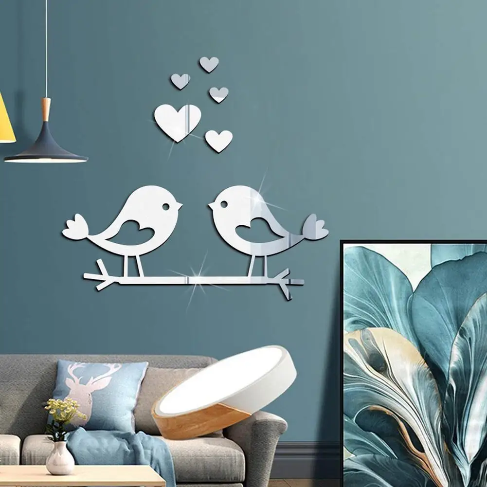 

Loving Birds Mirror Wall Sticker Love-shape Acrylic Wall Decals 3D Waterproof Self-adhesive Wall Sticker for DIY Valentine Day