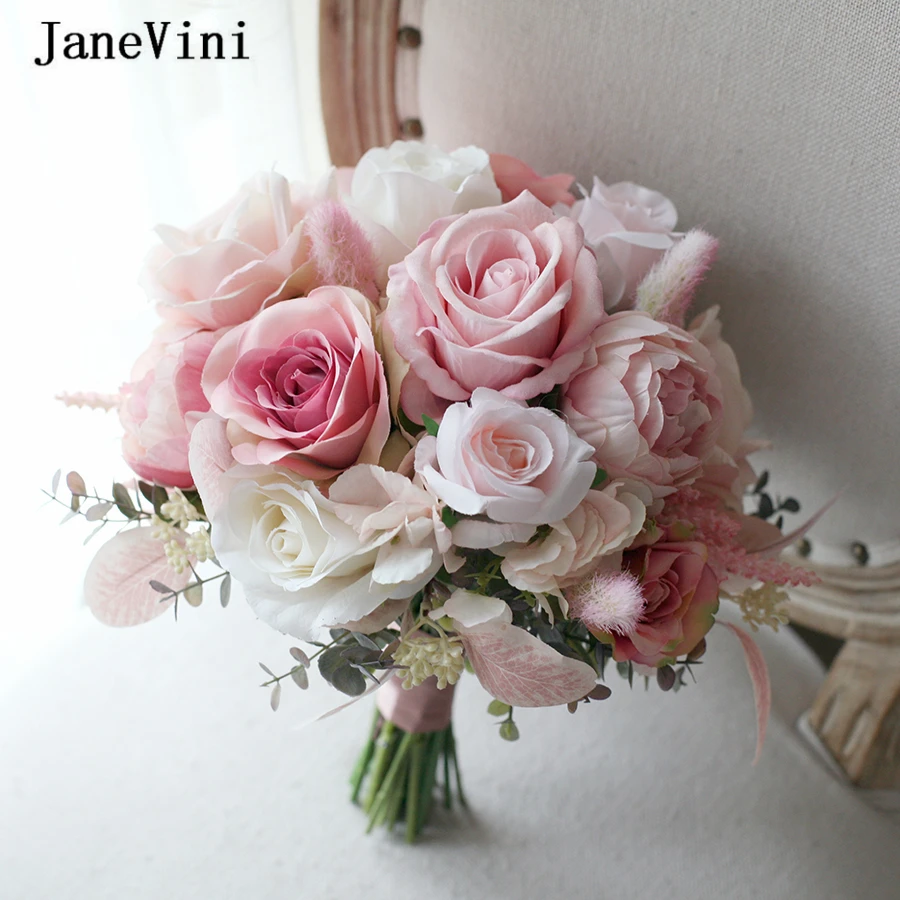 

JaneVini Charming Dusty Pink Roses Bridal Bouquets Artificial Silk Flowers Hydrangea Spring Wedding Bouquet Brides Accessories