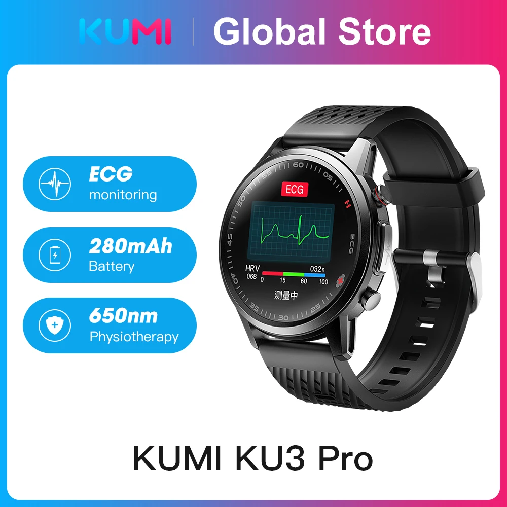 KUMI KU3 Pro Men  Smart Watch Laser Health ECG Monitor Heart Rate Blood Pressure Tracker Waterproof Smartwatch for IOS Andro