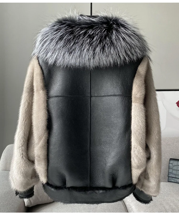 2022 New Natural Mink Fur Coats Fashion Genuine Leather Jackets Female For Women With Real Fox fur Warm Winter Short