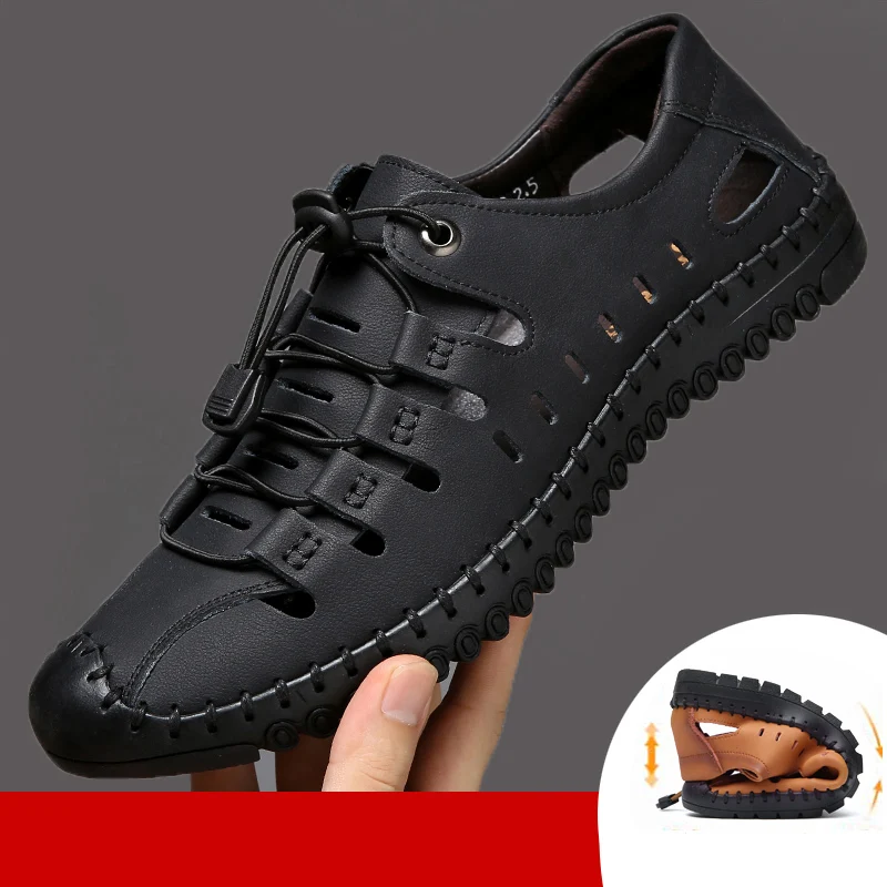 

Mannen Sandalen 2022 Nieuwe Zomer Dragen Zachte Zool Lederen Neus Gat Schoenen Koeienhuid Casual Hollow Sandalen