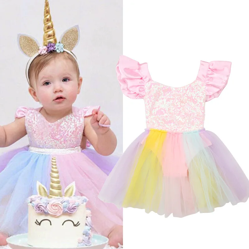 

Qunq 2022 New Summer Girls Baby Sequined Rainbow Newborns Princess Mesh Dress Costume Birthday Party Infant Clothes Age 0-12M
