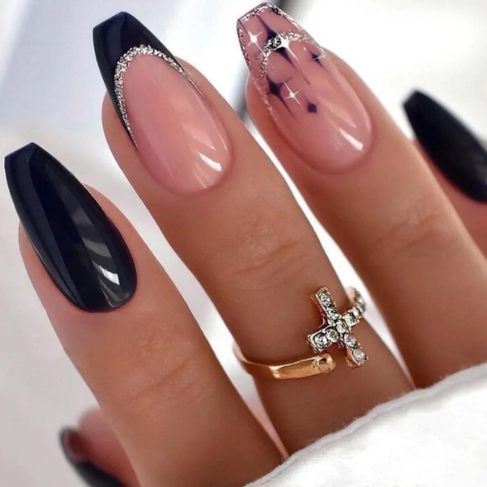 

24Pcs Black French Nails Set Press on Long Ballet False Nails with Star Design Coffin Fake Nails Wearable Full Cover Nail Tips