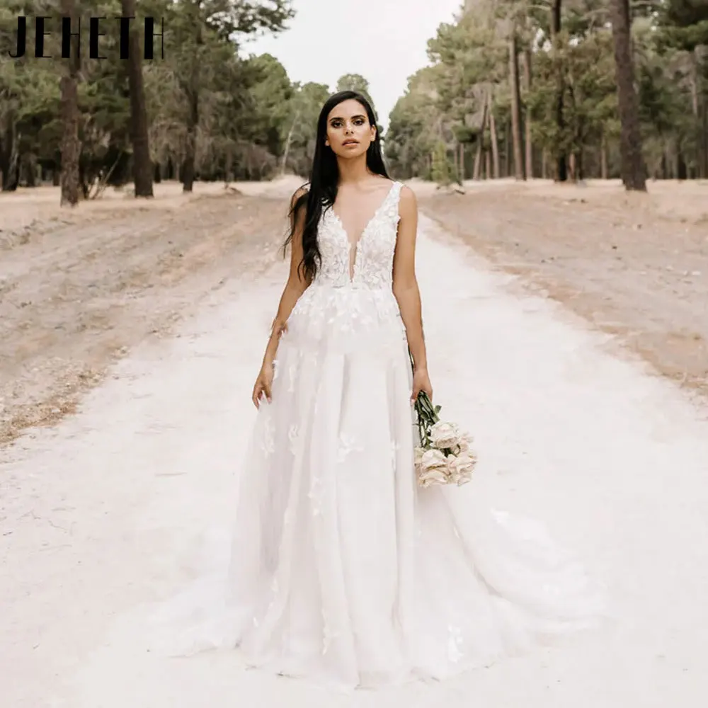 

JEHETH классические тюлевые Свадебные платья-трапеции 2024 элегантные свадебные платья без рукавов с аппликацией и открытой спиной индивидуальный пошив Robe De BrideJEHETH классические тюлевые Свадебные платья-трапеции