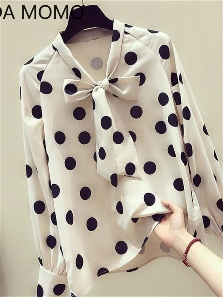Женская блузка в горошек элегантная винтажная из искусственного шелка с