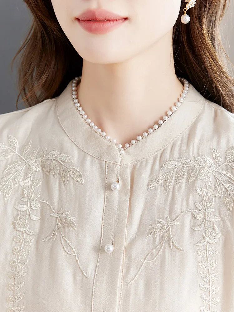 Осень 2024 новинка тяжелая промышленность вышивка новый китайский шифоновый топ