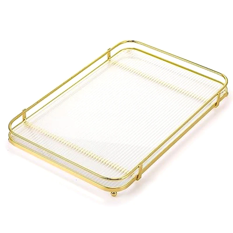 

Gold Acrylic Decorative Tray Jewelry Cosmetics Vanity Tray Ornate Metal Perfume Holder For Makeup Organizer