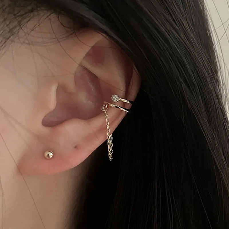 A Girl' 1 Pcs Korean Fashion Double Layers Crystal Tassel Earcuff Fake Piercing Ear Cuff Clip on Earrings for Women Jewelry