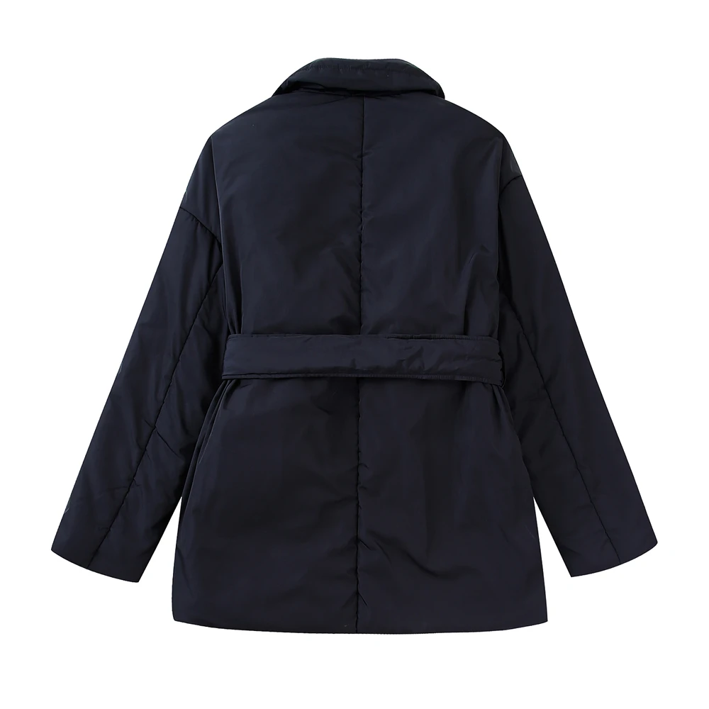 KEYANKETIAN Women's belt embellished cotton jacket Winter new black casual warm cotton jacket with large lapels and slim body
