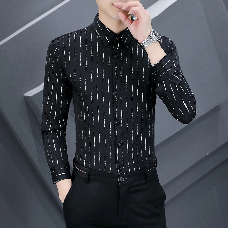 

Мужская приталенная рубашка с длинным рукавом, с принтом