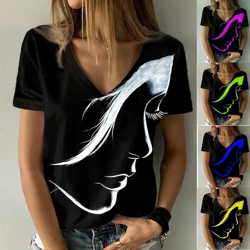 

2022 Women's Fashion Portrait Print T-Shirt Women's Abstract Portrait T-Shirt Summer New V-Neck Basic Top Black/3D Printing