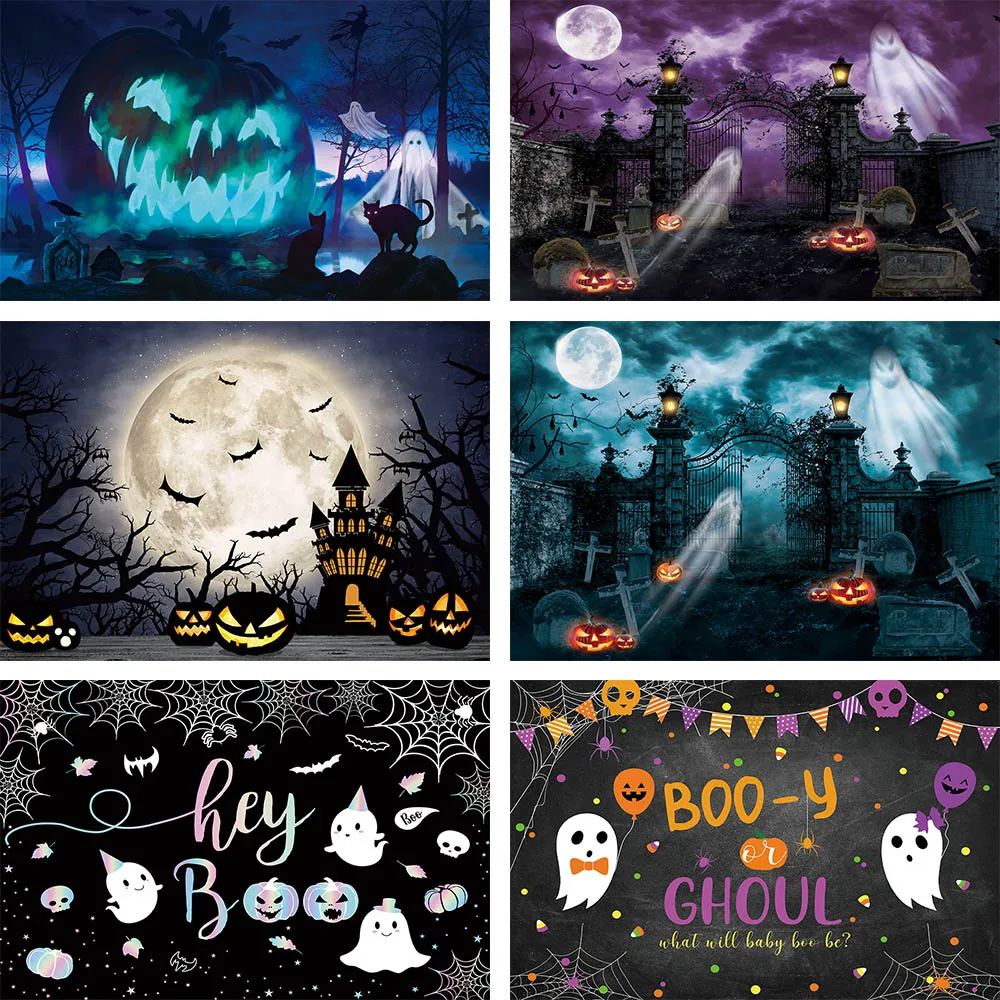 

Mehofond Halloween Hey Boo Theme Photography Backdrop Vintage Castle Witch Devil Bat Wall Background For Photo Studio Photophone