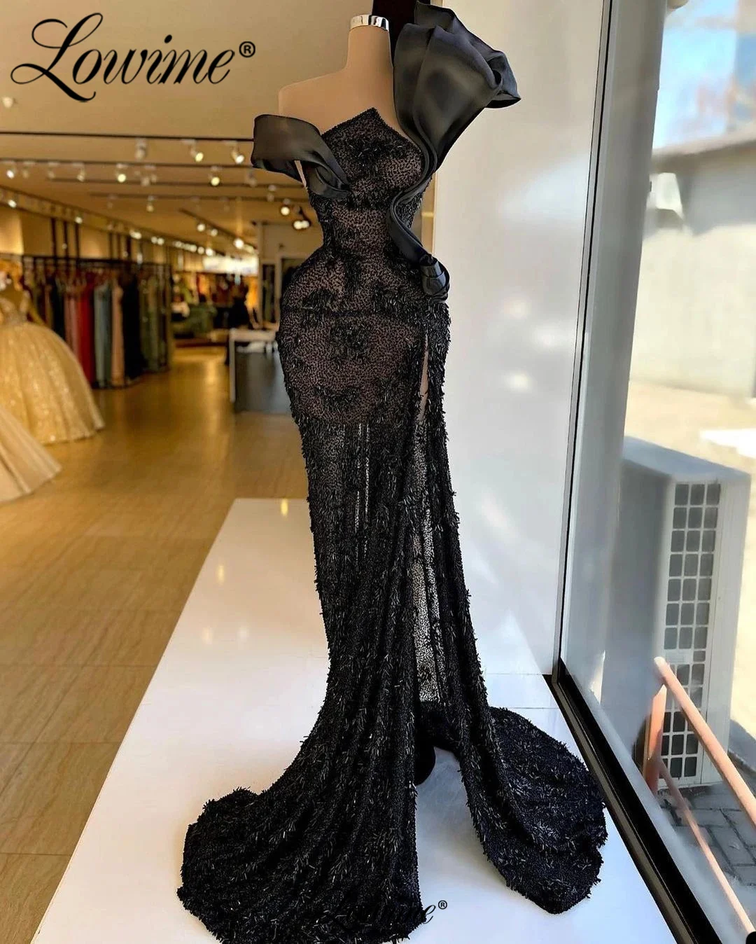 

Lowime Robe Black Long Party Dresses 2023 Arabic African Beading Crystals Evening Gown Mermaid One Shoulder Celebrity Prom Dress