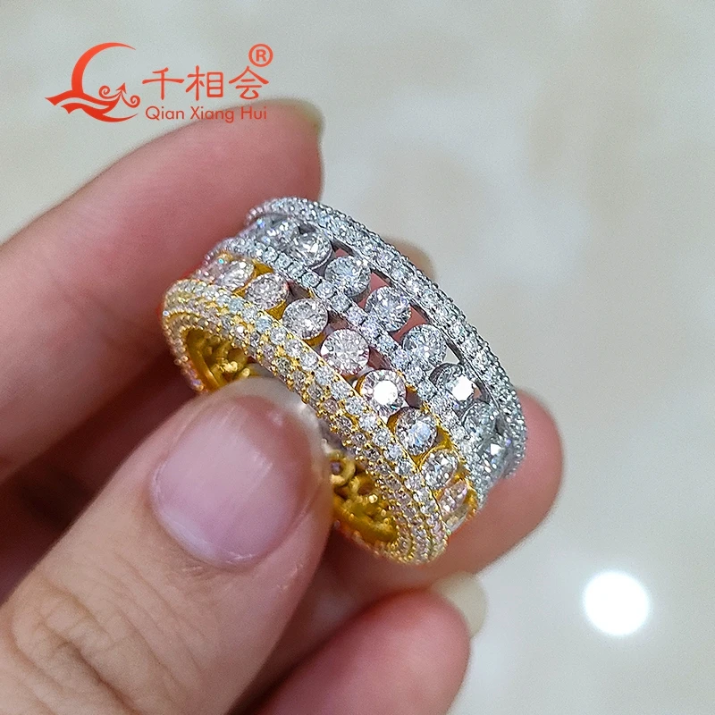 11.8mm Double color yellow and silver three full Moissanite Ring Round Brilliant Diamonds Engagement  Male women Wedding Jewelry