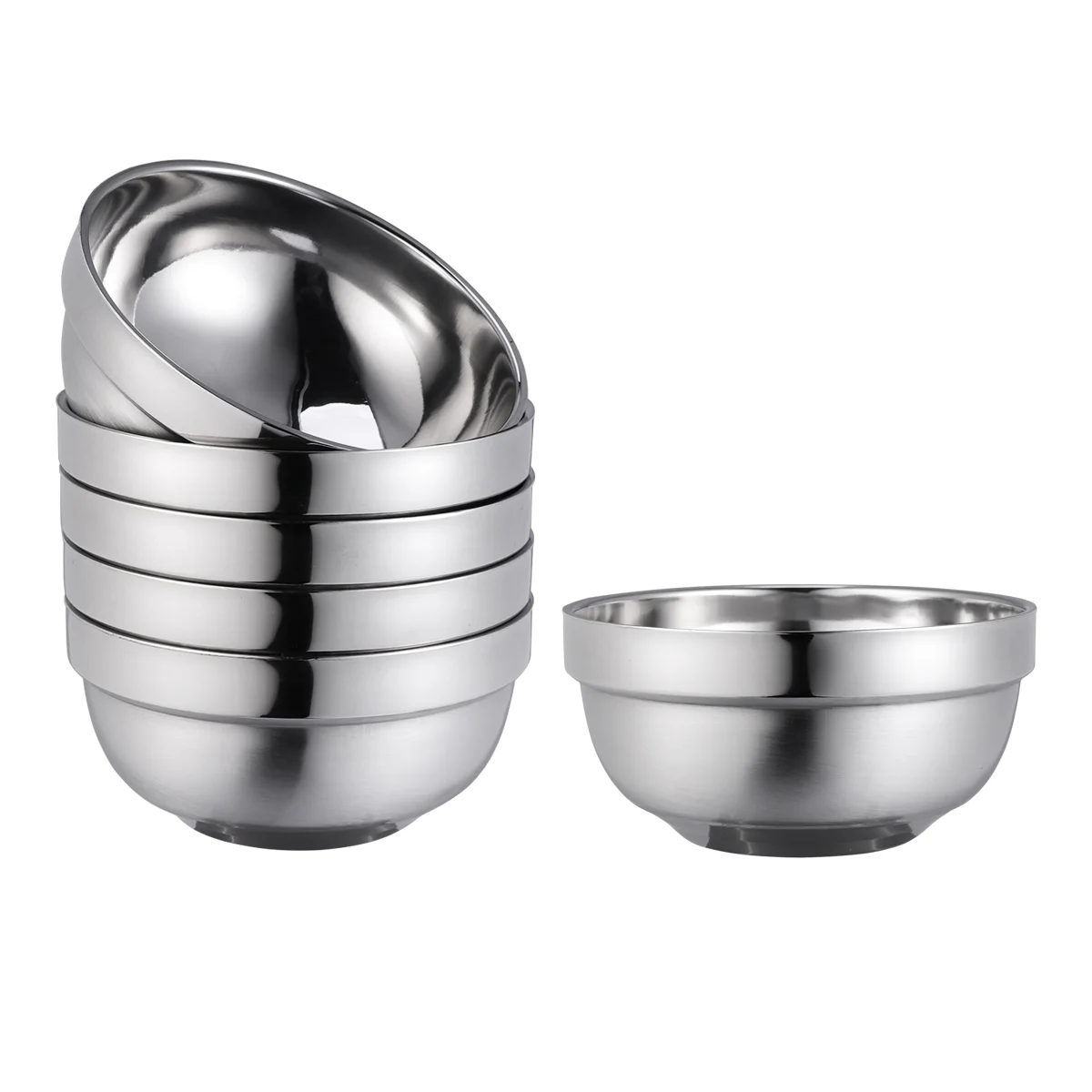 

6pcs Stainless Steel Bowls Double- walled Snack Rice Bowls Multipurpose Kichen Bowls, 13cm