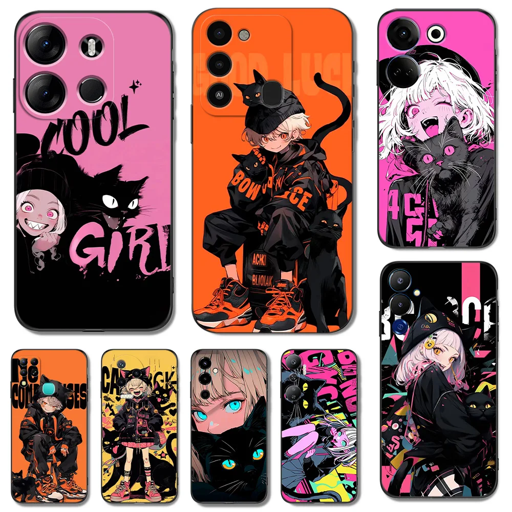 Черный чехол ТПУ для INFINIX HOT10 11(G37) 20I 20 NOTE12VIP 12 4G(2023)12PRO 4G 5G 12I девушки и черные кошки