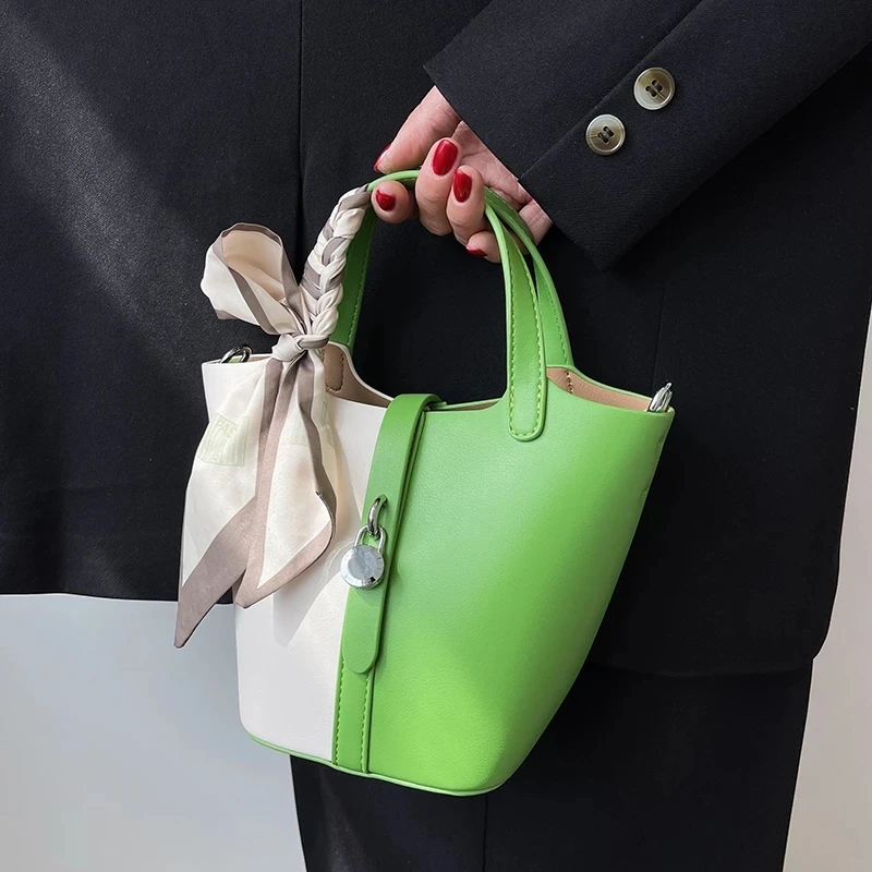 

Ribbon Designer Small Bucket Crossbody Messenger Bag for Women 2022 Summer Contrasting Leather Trendy Cute Tote Shoulder Handbag