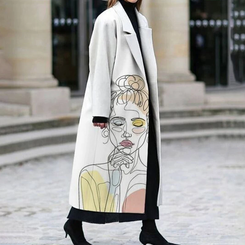 

Office Fashion Women Woolen Coat Fall Winter Long Sleeve Jacket Outwear High Street Ladies Loose Pattern Printed Lapel Long Coat
