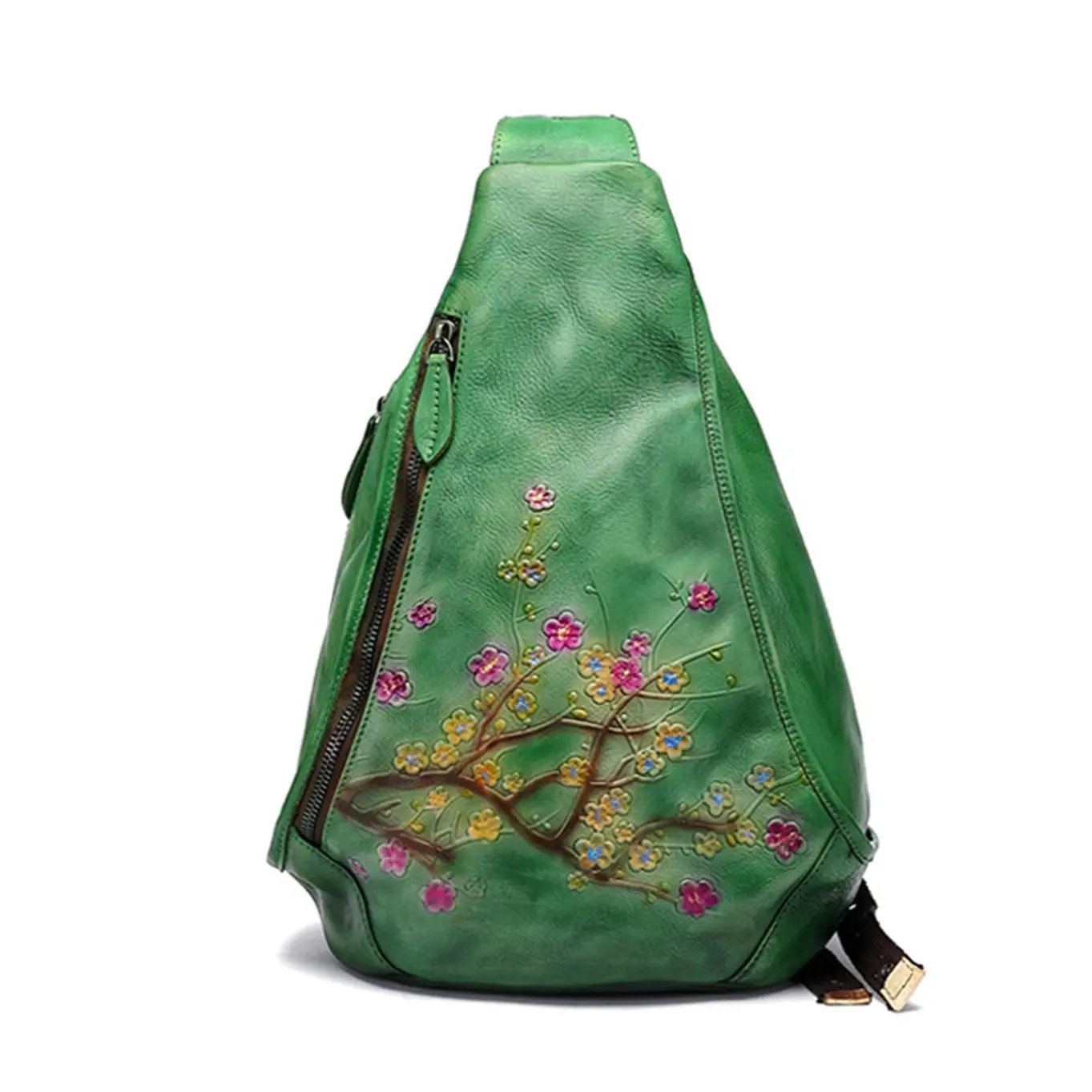 Women Retro Chest Bag Luxury Cowhide Genuine Leather Crossbody Bags Green Embossed Floral Sling Bag Vintage Leather Bag For Girl